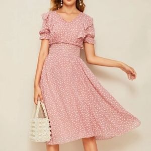 Dress Pink Ruffle Trim Puff Sleeve Shirred Waist